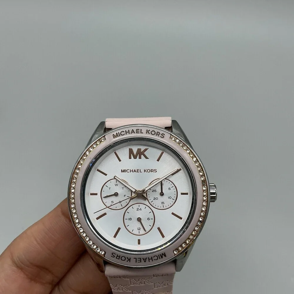 Michael Kors Womens Watch 40mm Silver Tone Pink Crystals Day Date Silicone Band